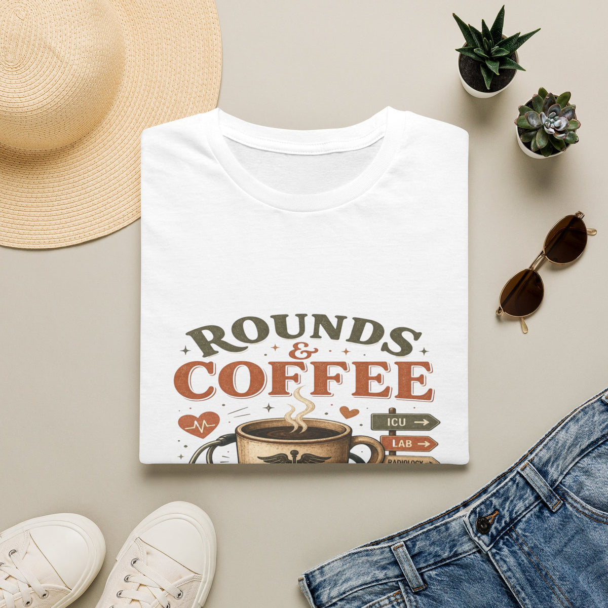 Coffee Cup With Stethoscope Combining Vintage Café And Medical Aesthetics- Graphic Tees