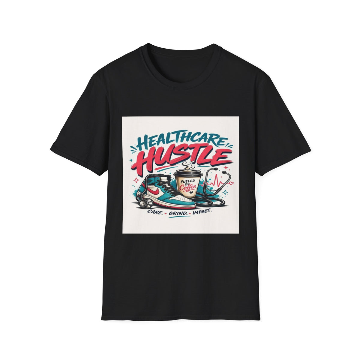 Dynamic T-Shirt Design Featuring Healthcare Hustle Text- Graphic Tees