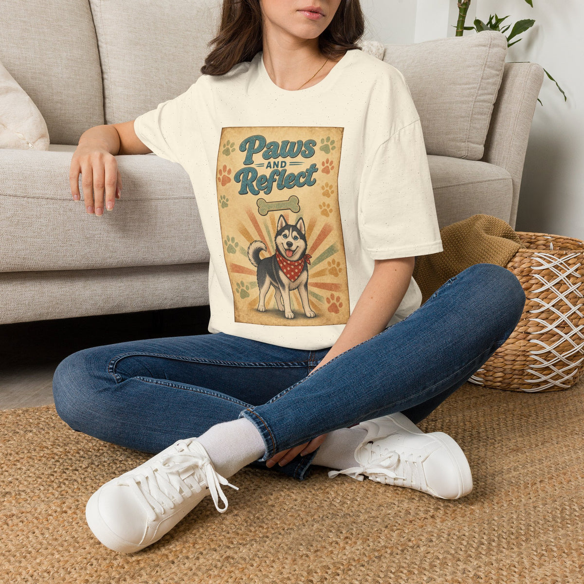 Paws and Reflect Dog Graphic T-Shirt — Retro Pup Pawprint Tee