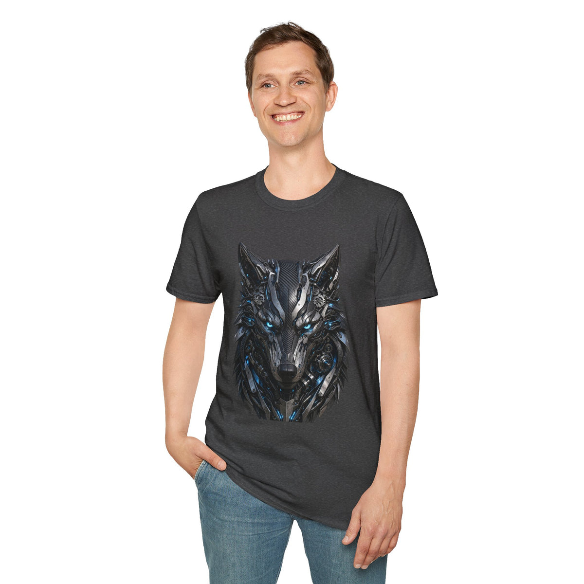 Wolf Mask T-Shirt — Futuristic Blue-Eyed Cyber Wolf Graphic Tee