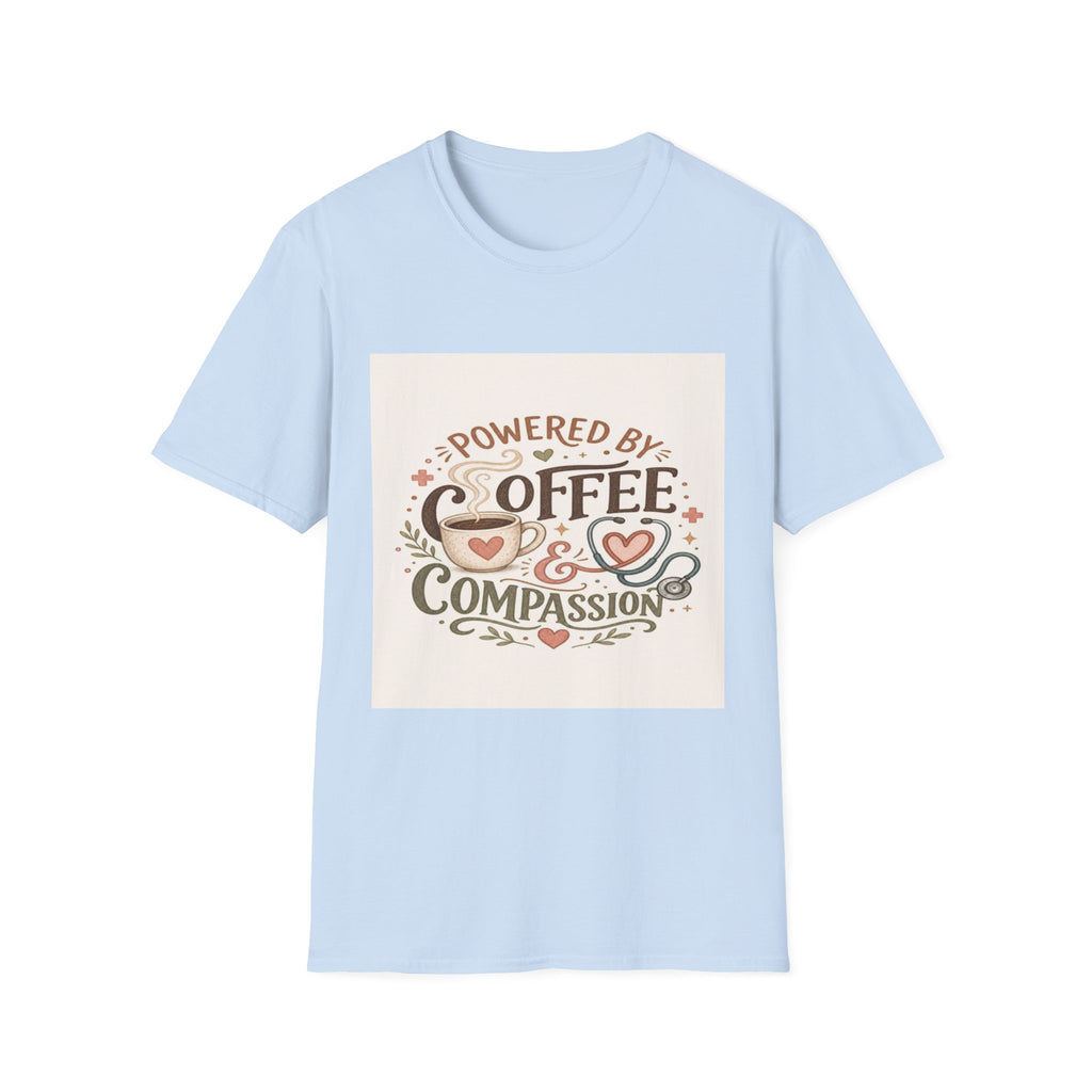 Cozy T-shirt Design Featuring Hand-Lettered Coffee and Compassion- Graphic Tees