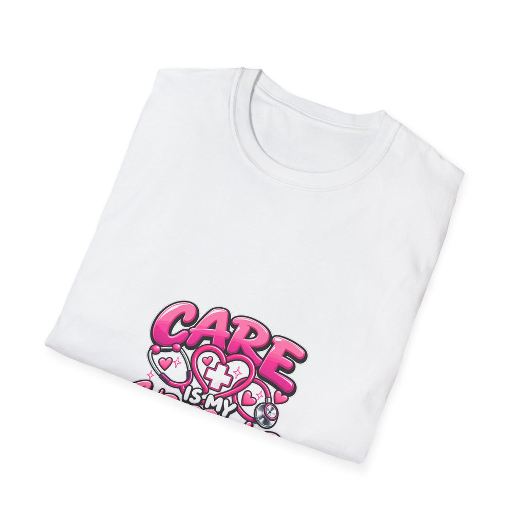 Care Is My Superpower T-Shirt — Cute Pink Heartcare Graphic Tee for Nurses & Caregivers