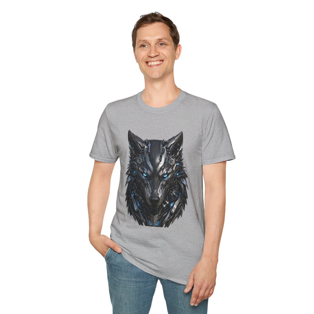 Wolf Mask T-Shirt — Futuristic Blue-Eyed Cyber Wolf Graphic Tee
