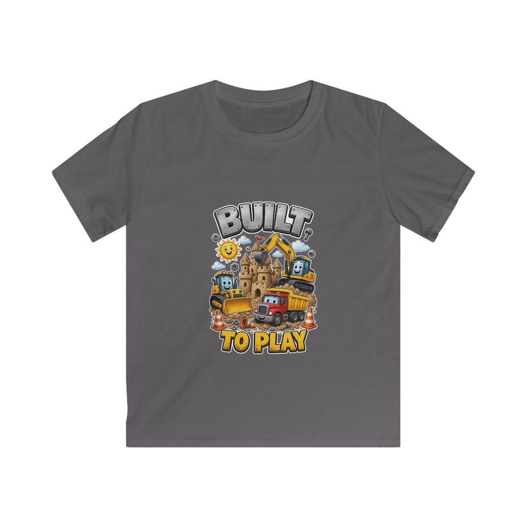 Kids Tee — "Built to Play" Construction Trucks Graphic