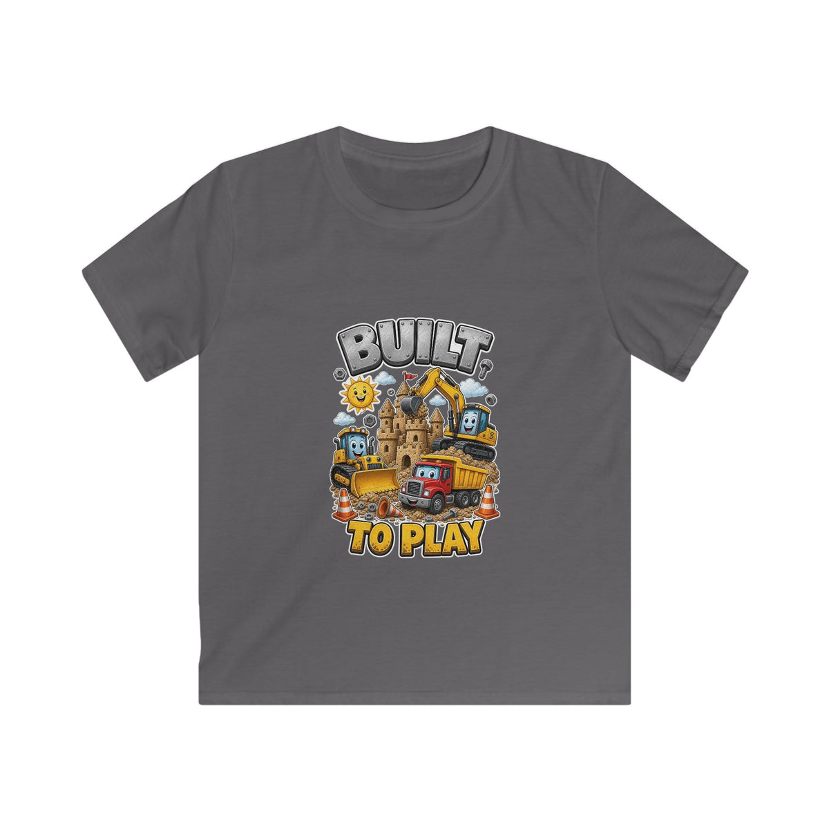 Kids Tee — "Built to Play" Construction Trucks Graphic
