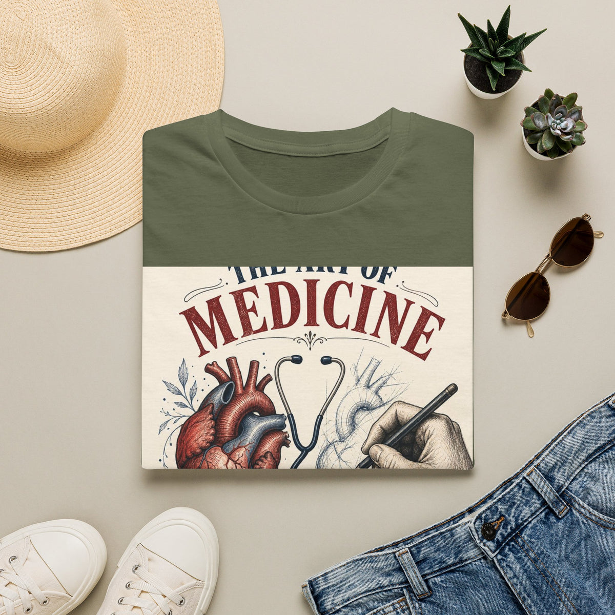 T Shirt Design Featuring Anatomical Heart And Sketching Hand