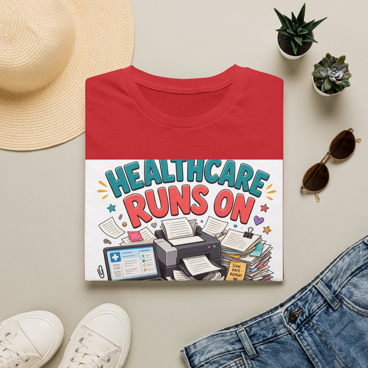 Humorous T Shirt Design Highlighting Healthcare's Paperwork Chaos