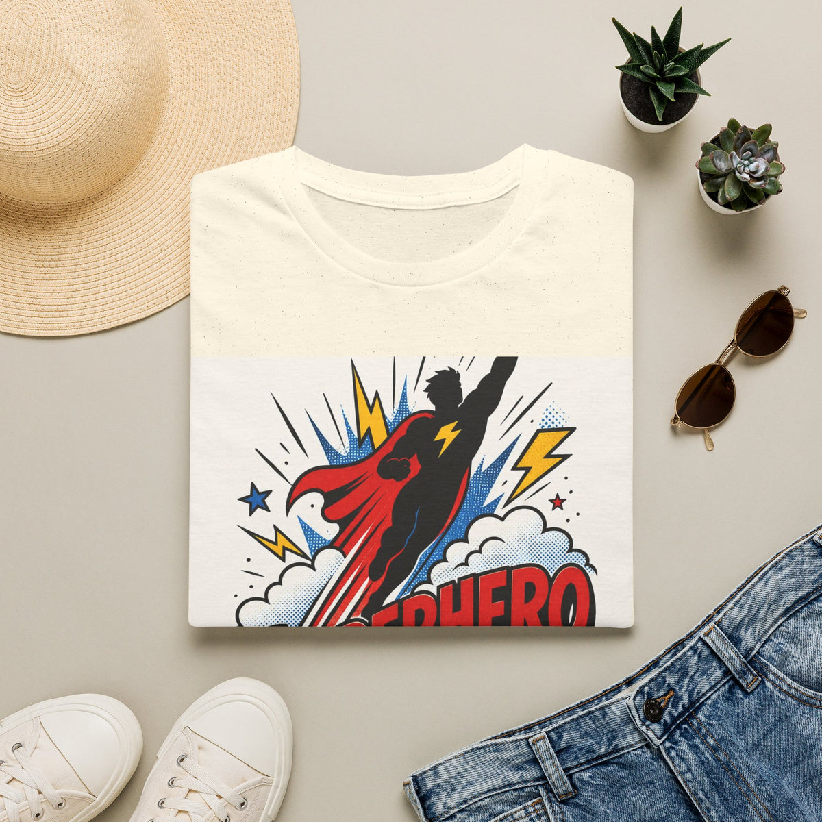 Dynamic Superhero Silhouette Soaring Through Colorful Clouds
