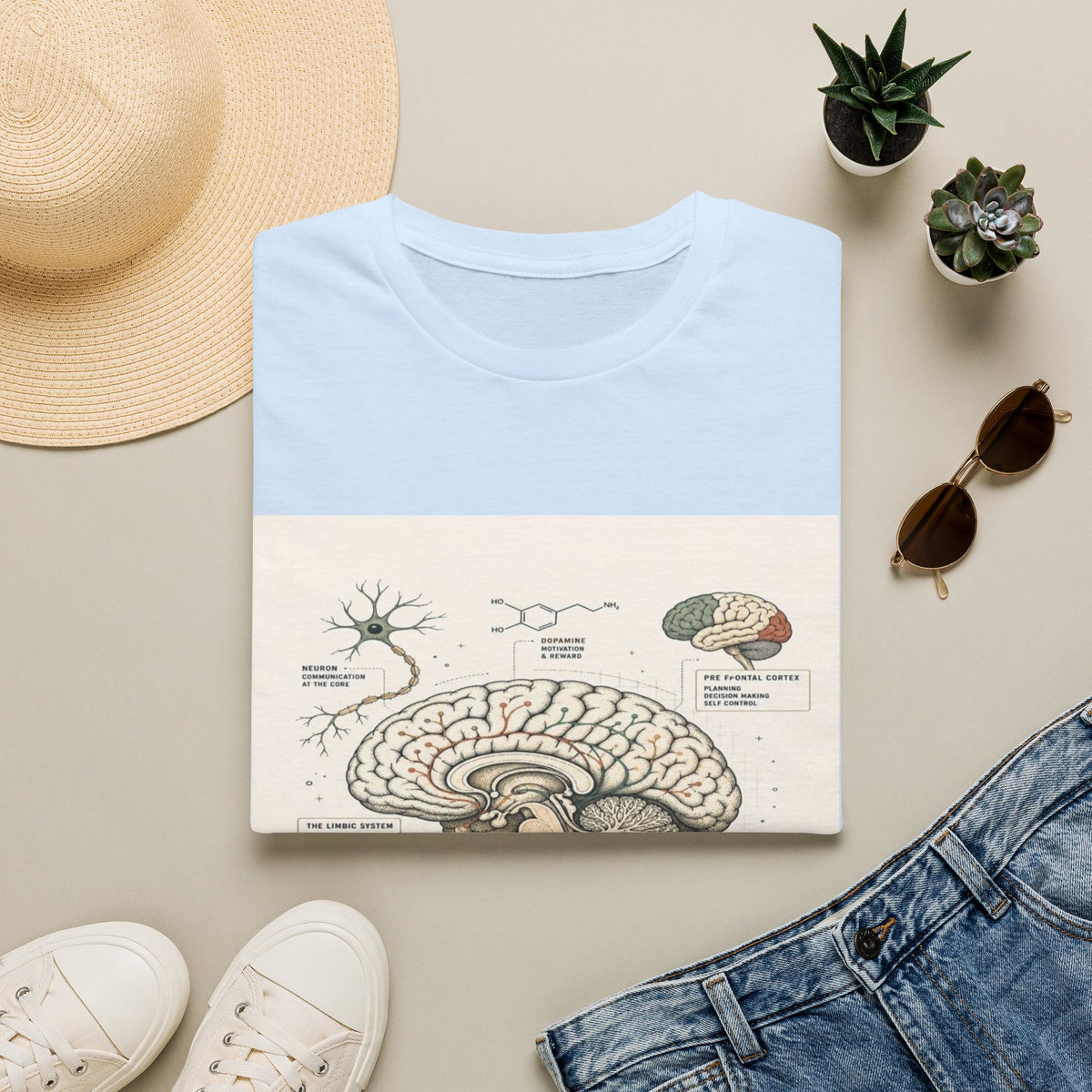Human Brain Illustration Featuring Neural Pathways And Typography- Graphic Tees