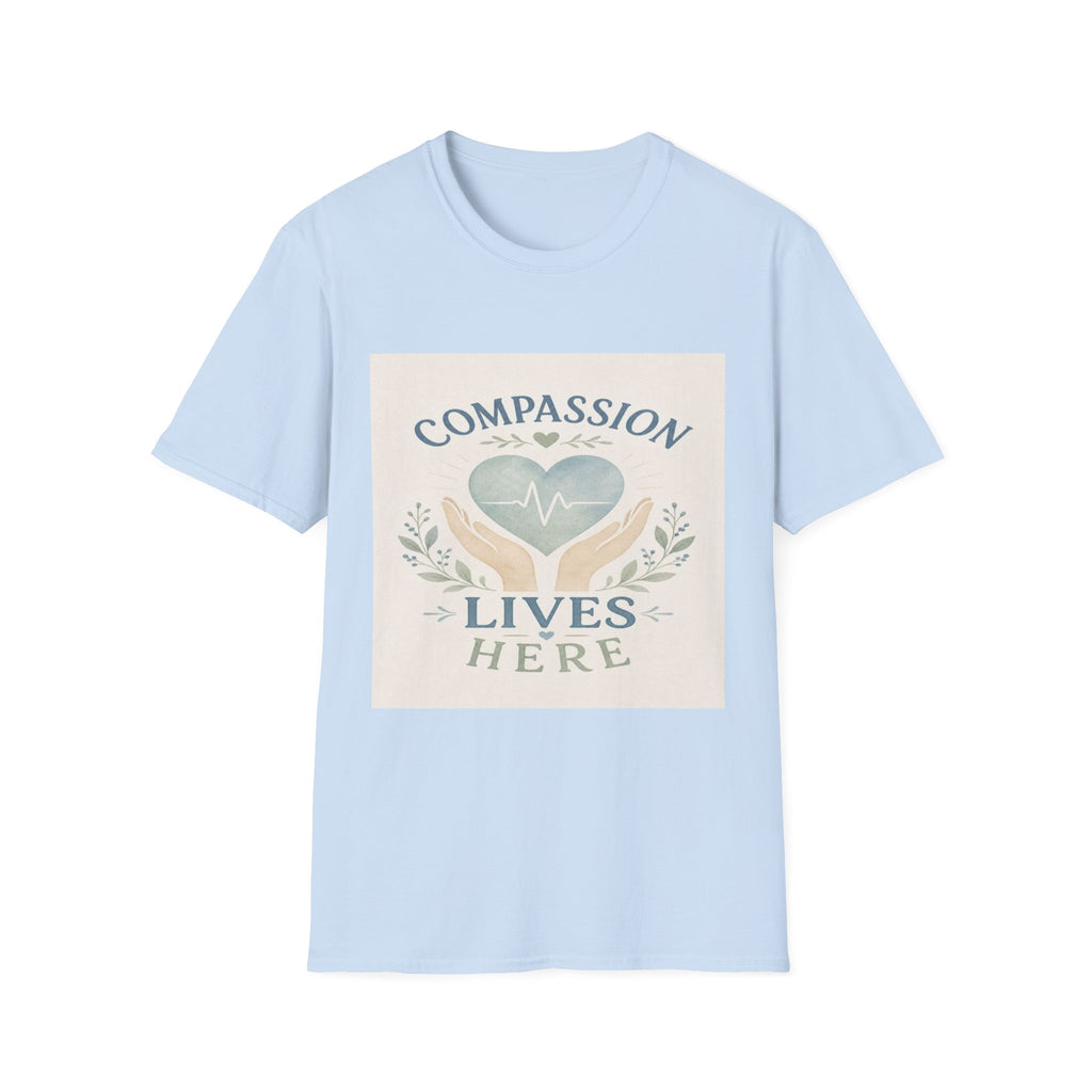 T-shirt Design Featuring Compassion Lives Here With Heart and Hands- Graphic Tees