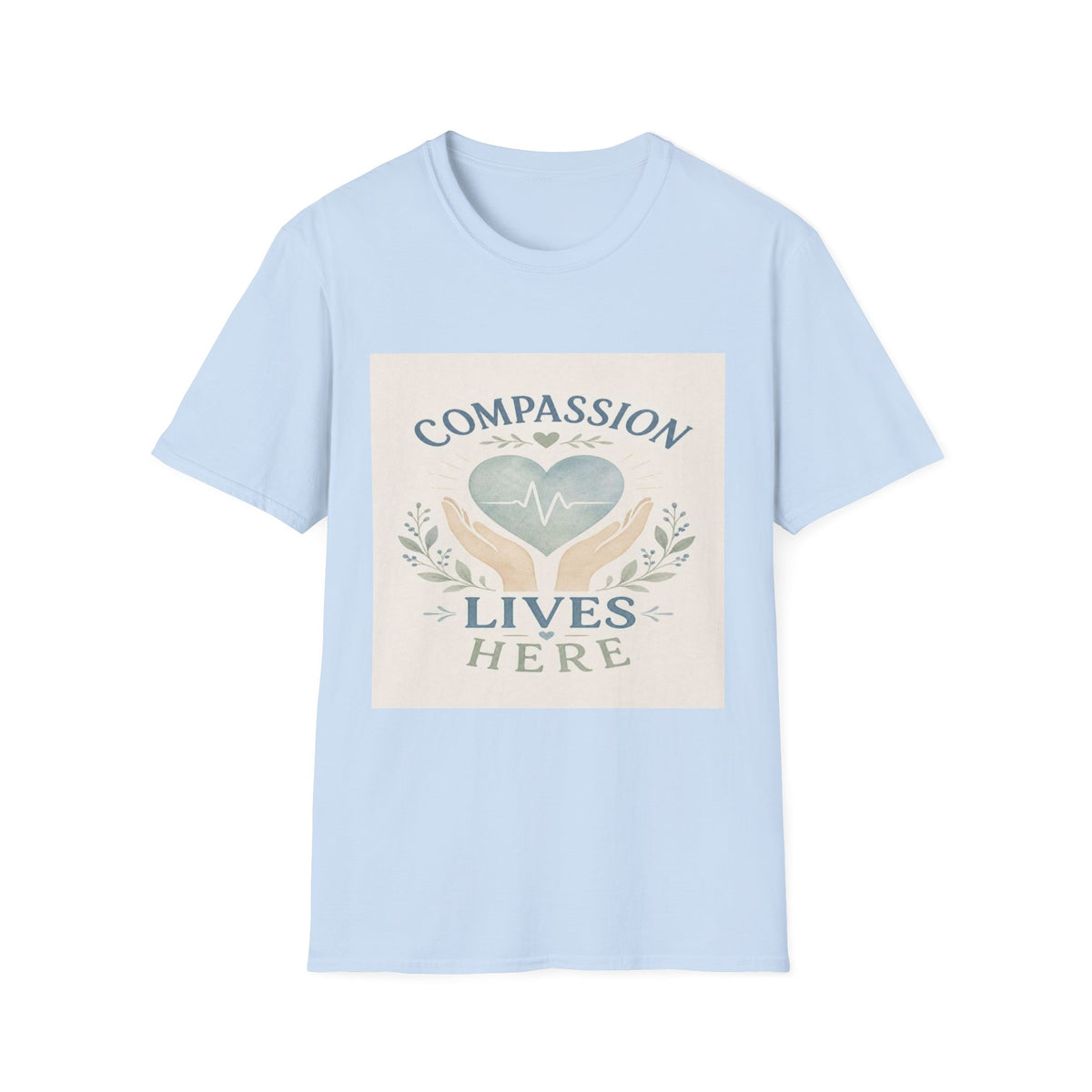 T-shirt Design Featuring Compassion Lives Here With Heart and Hands- Graphic Tees