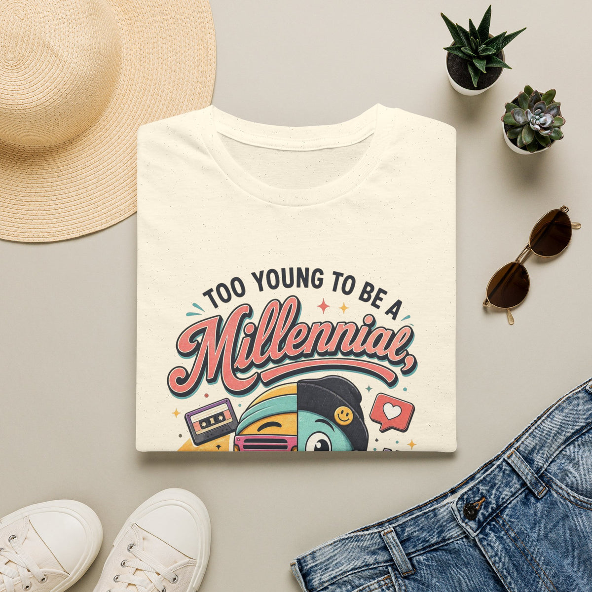 Millennial vs Gen Z Retro Graphic T‑Shirt — "Too Young to Be a Millennial, Too Old to Be a Gen Z"