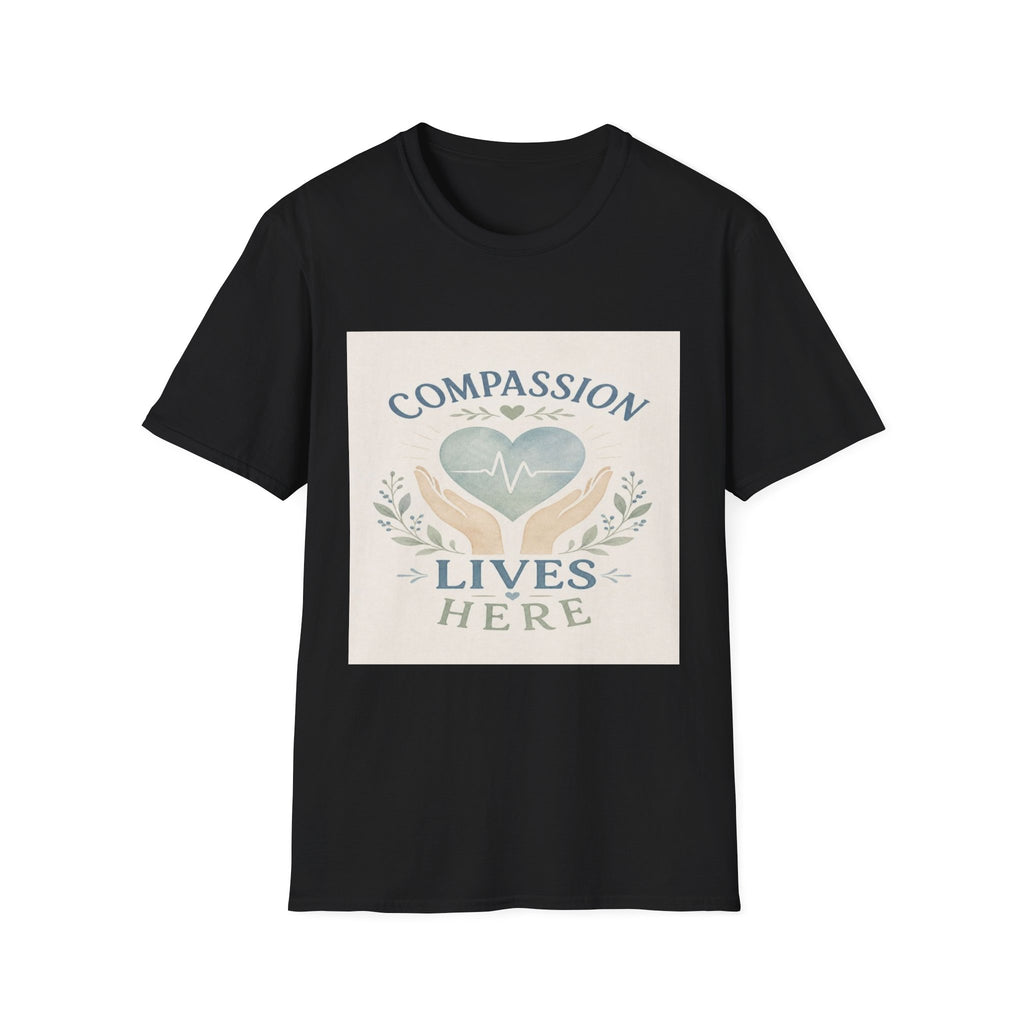T-shirt Design Featuring Compassion Lives Here With Heart and Hands- Graphic Tees