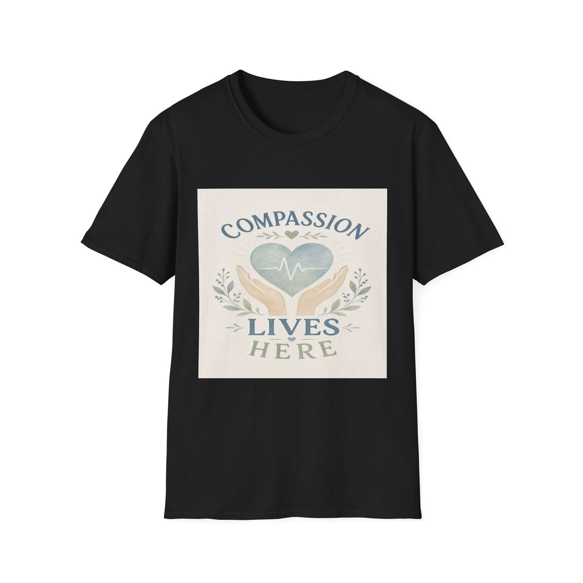 T-shirt Design Featuring Compassion Lives Here With Heart and Hands- Graphic Tees
