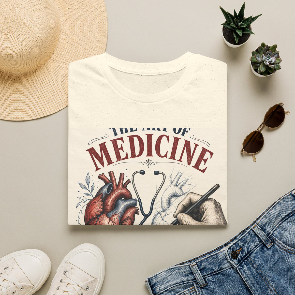 T Shirt Design Featuring Anatomical Heart And Sketching Hand