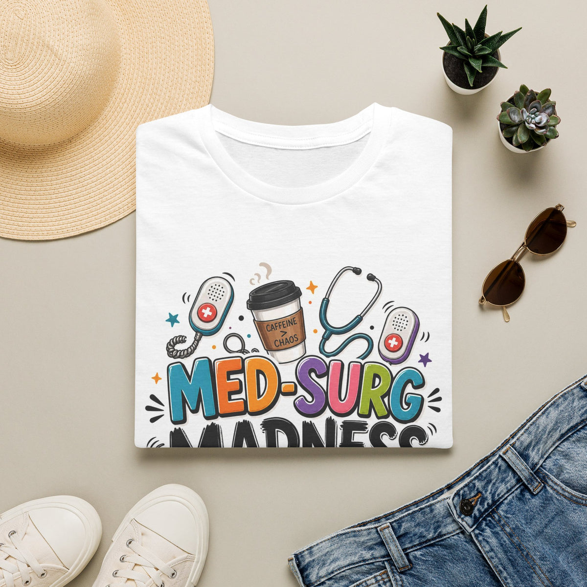 Vibrant T Shirt Design Featuring MED SURG MADNESS Phrase (1)