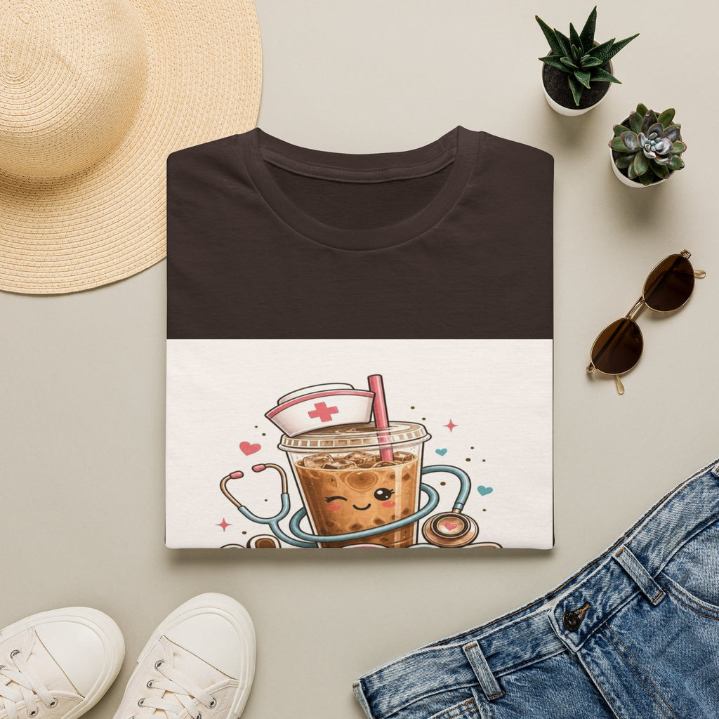 Cute T-Shirt Design Featuring Iced Coffee And Nurse Cap- Graphic Tees