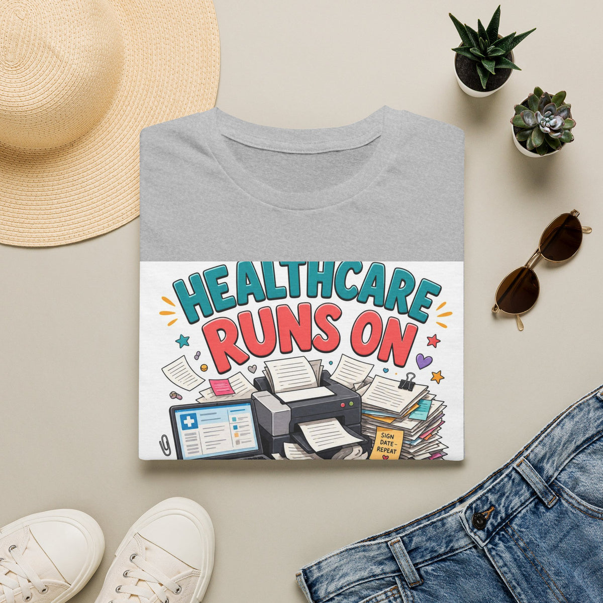 Humorous T Shirt Design Highlighting Healthcare's Paperwork Chaos