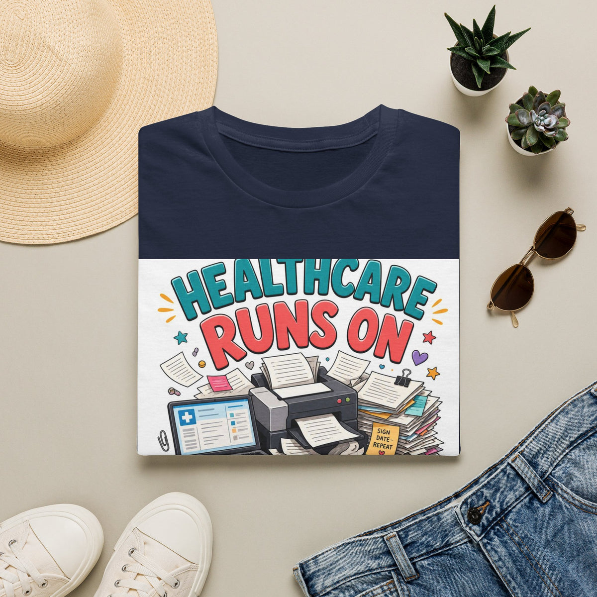 Humorous T Shirt Design Highlighting Healthcare's Paperwork Chaos