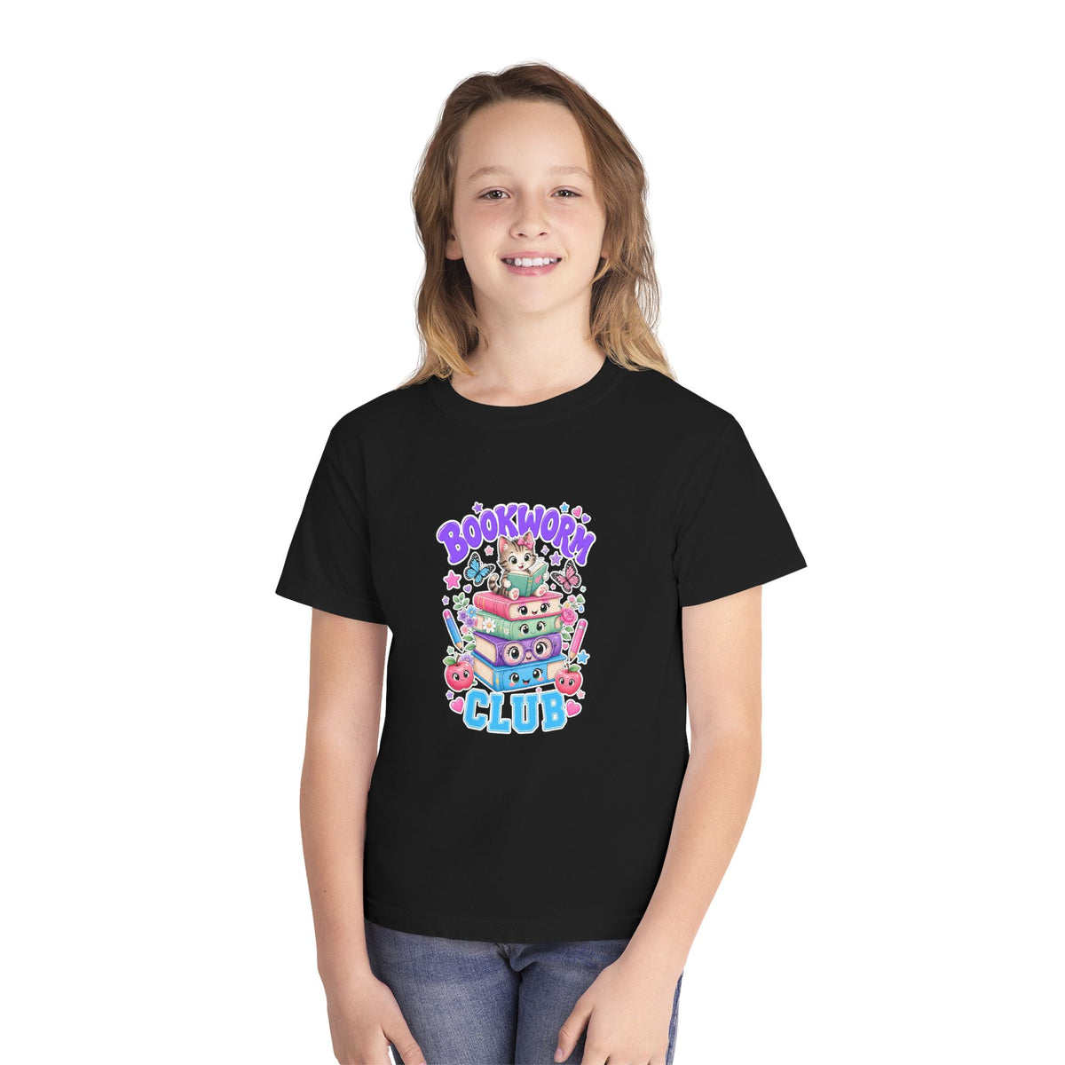 Youth Tee — Cute "Bookworm Club" Stack Graphic