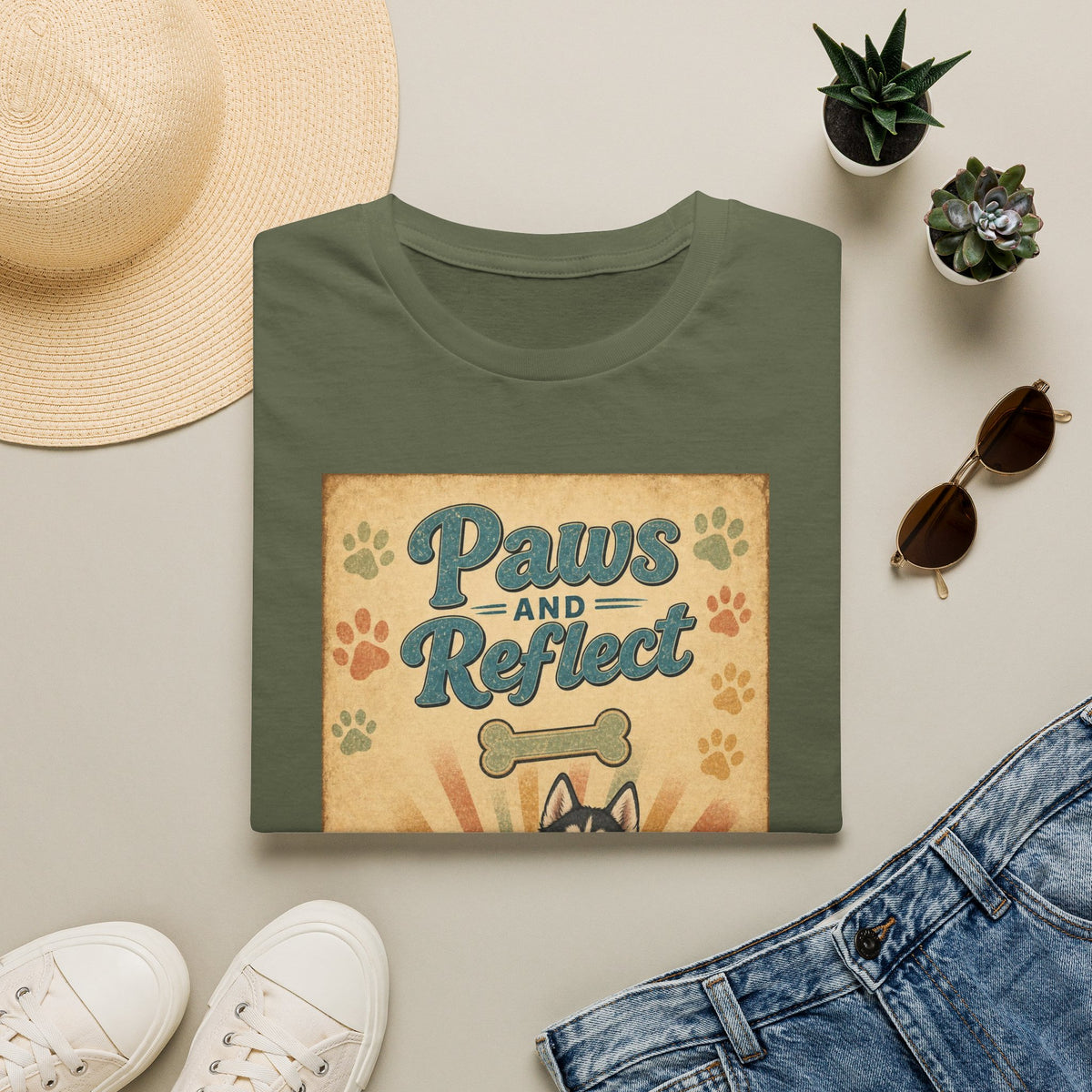 Paws and Reflect Dog Graphic T-Shirt — Retro Pup Pawprint Tee