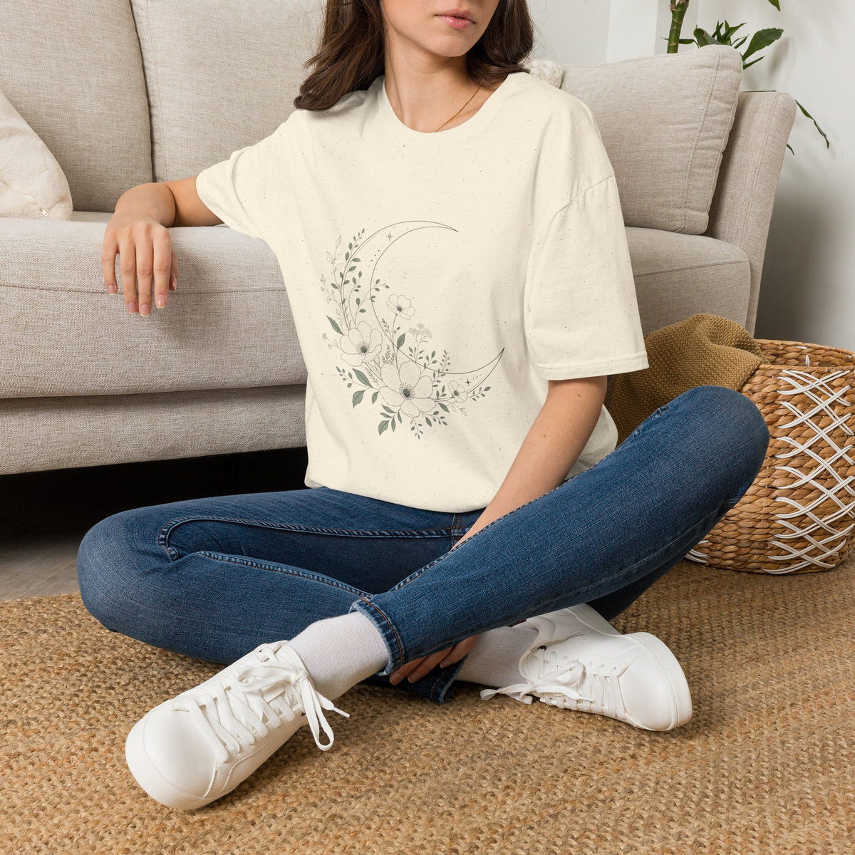 Moon Floral T-Shirt — Minimal Botanical Crescent Moon Tee