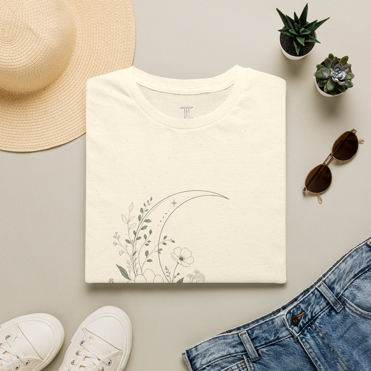 Moon Floral T-Shirt — Minimal Botanical Crescent Moon Tee