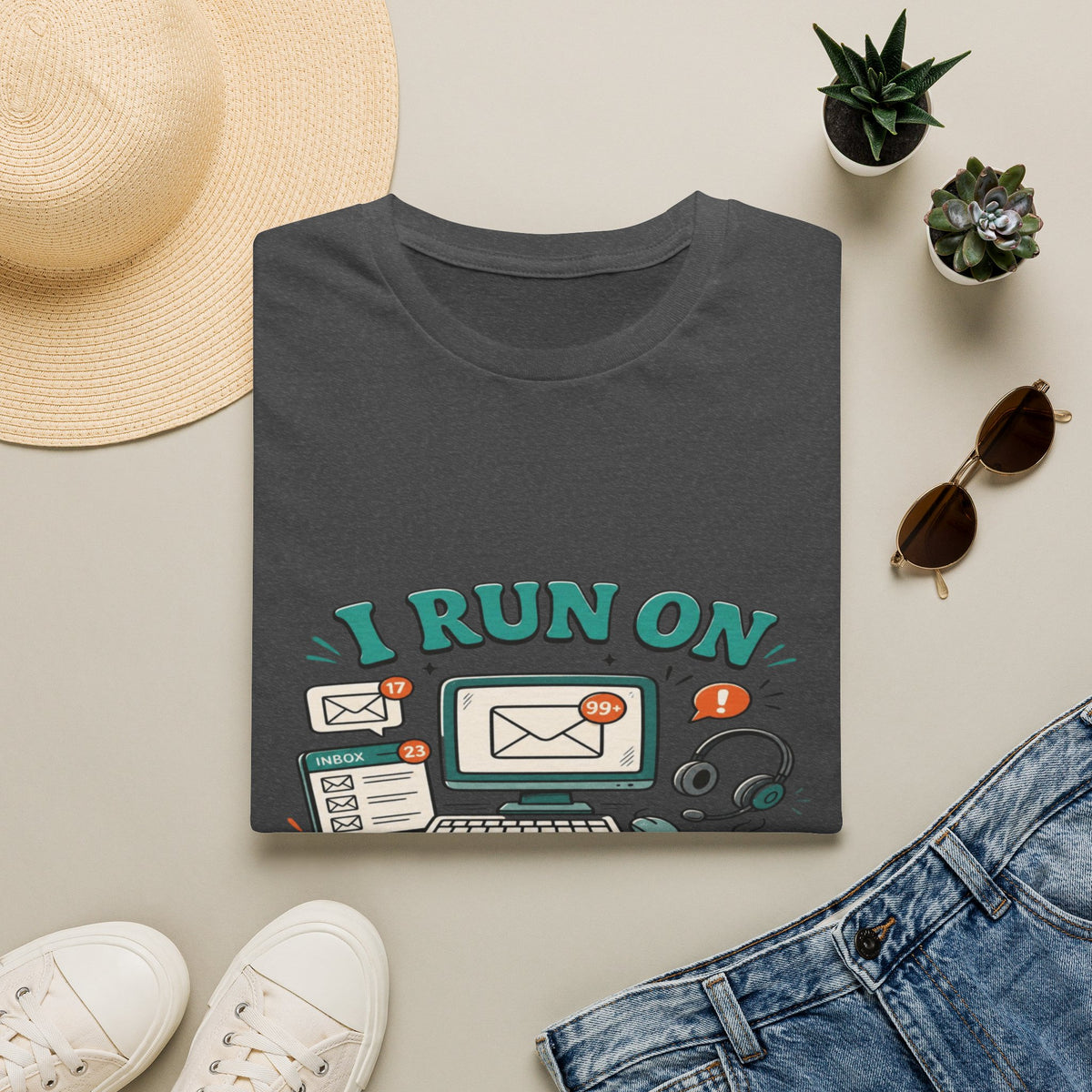 Bold T-Shirt Design With Playful Email And Coffee Illustrations- Graphic Tees