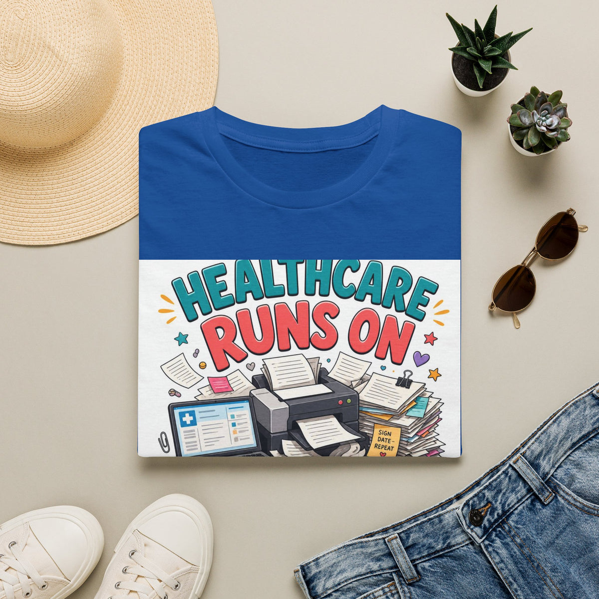 Humorous T Shirt Design Highlighting Healthcare's Paperwork Chaos