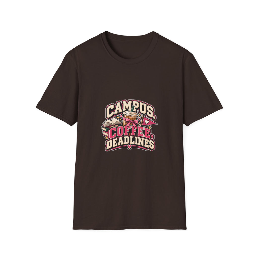 Campus, Coffee, Deadlines T-Shirt — College Student Coffee Graphic Tee