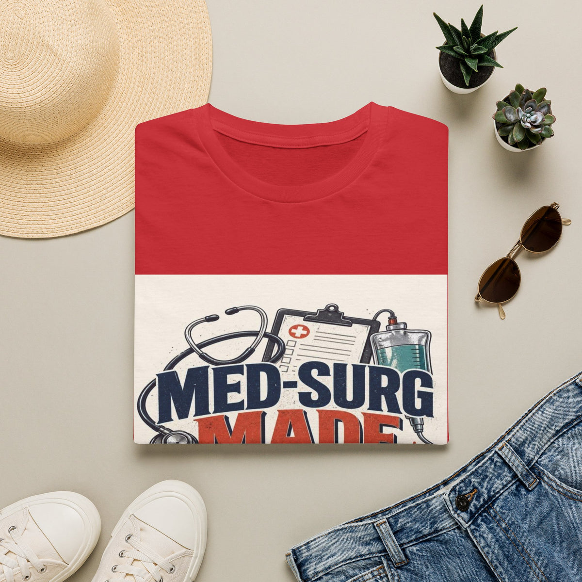 Bold Typography Design Celebrating Med-Surg Strength With Healthcare Icons- Graphic Tees