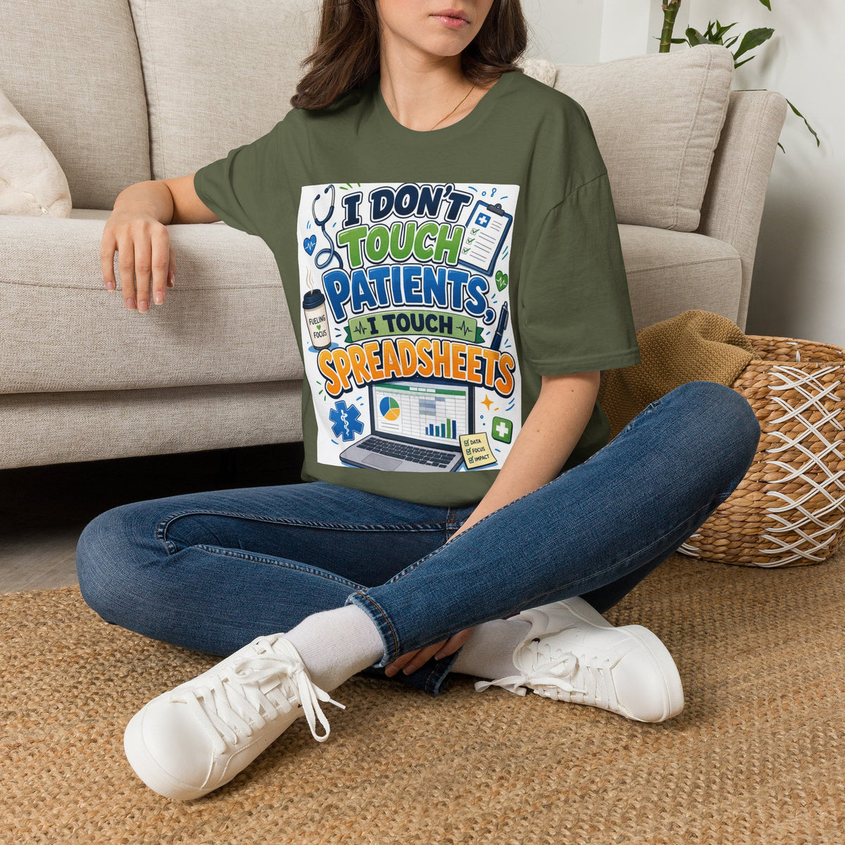 Humorous T Shirt Design Featuring Playful Healthcare And Spreadsheet Imagery