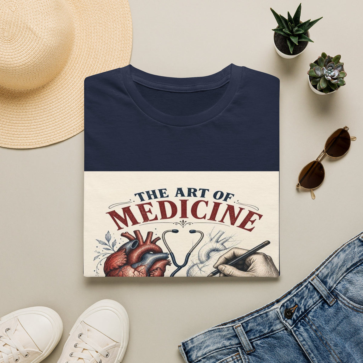 T-shirt Design Featuring Anatomical Heart And Sketching Hand- Graphic Tees