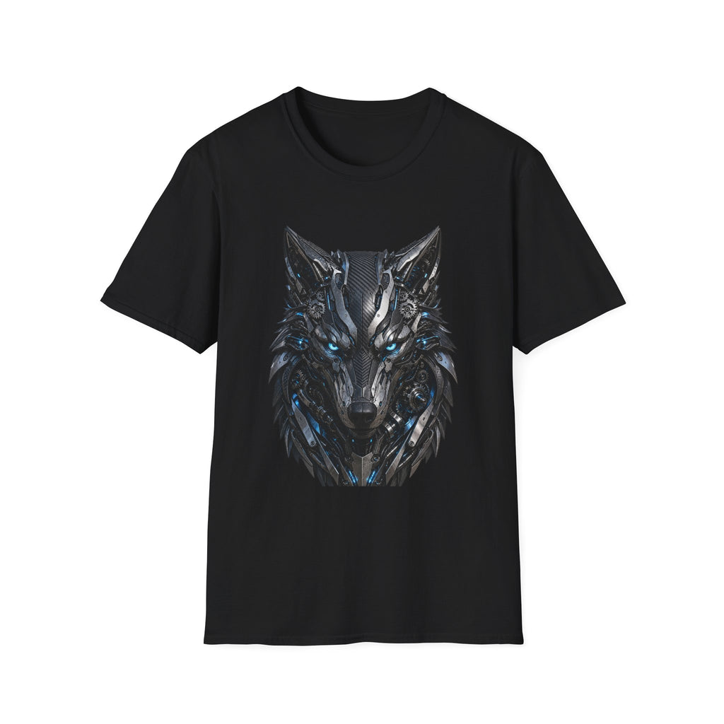 Wolf Mask T-Shirt — Futuristic Blue-Eyed Cyber Wolf Graphic Tee