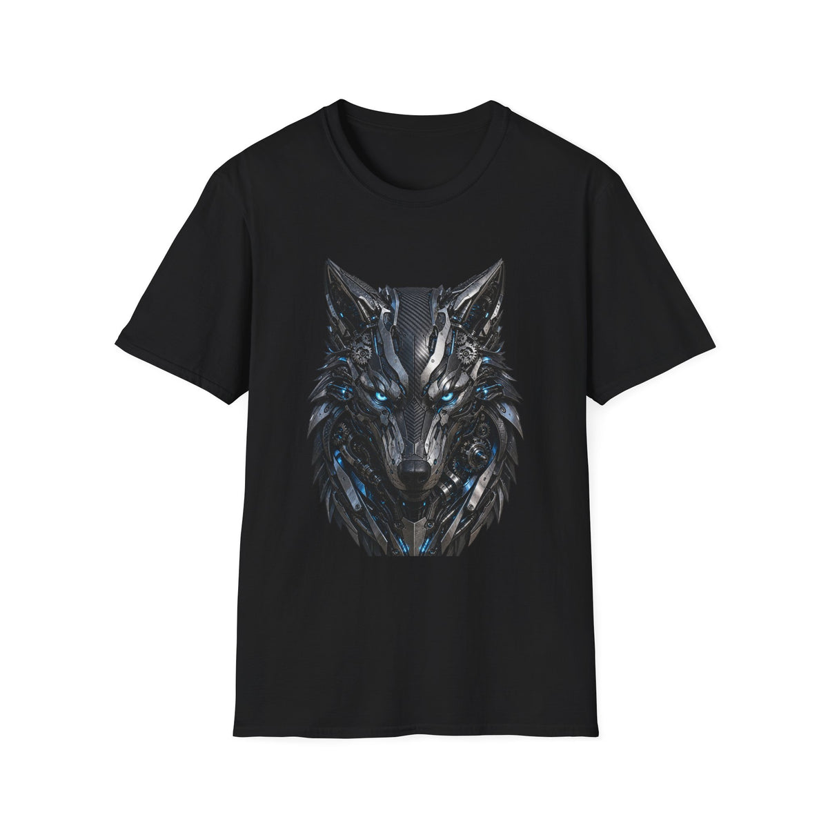 Wolf Mask T-Shirt — Futuristic Blue-Eyed Cyber Wolf Graphic Tee