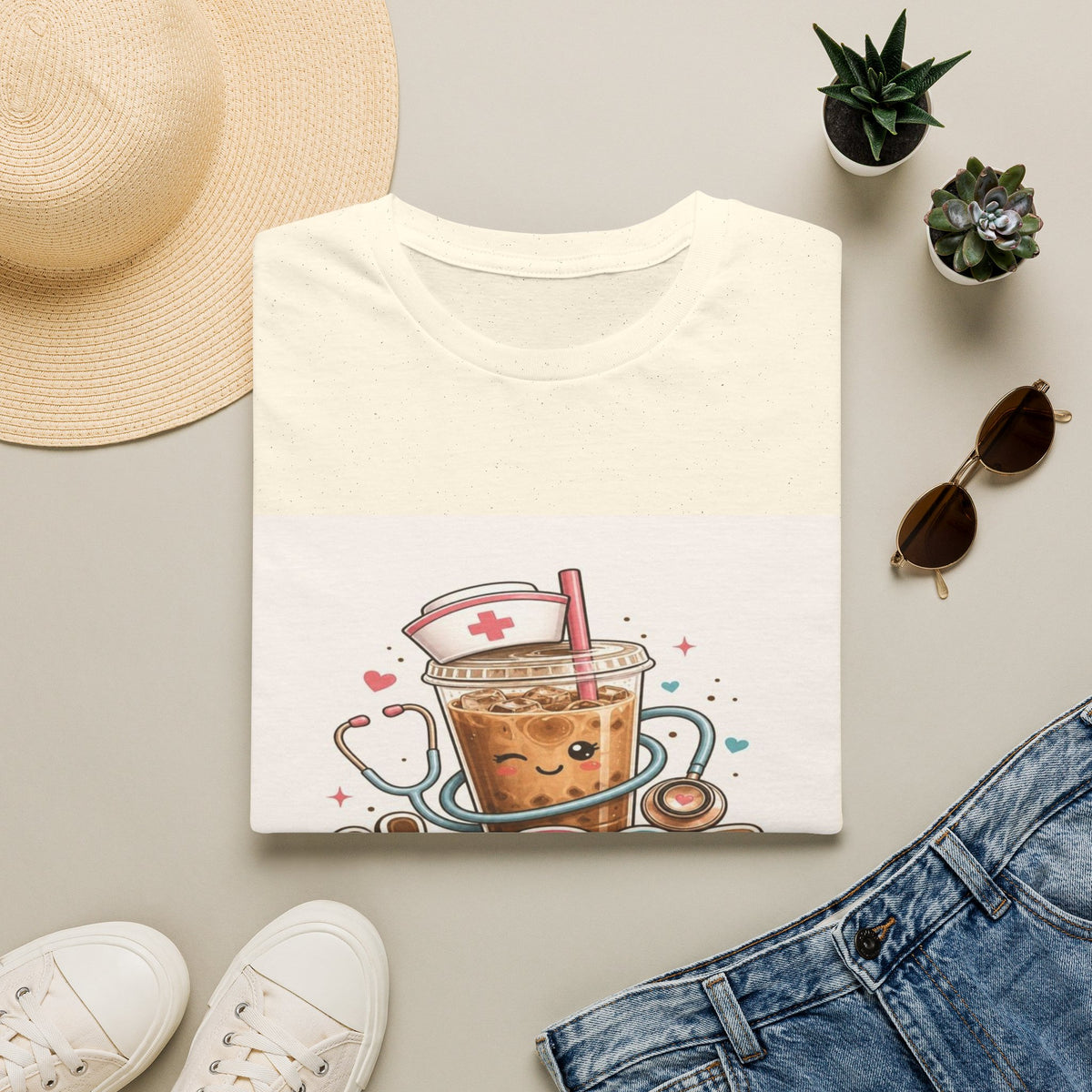 Cute T-Shirt Design Featuring Iced Coffee And Nurse Cap- Graphic Tees