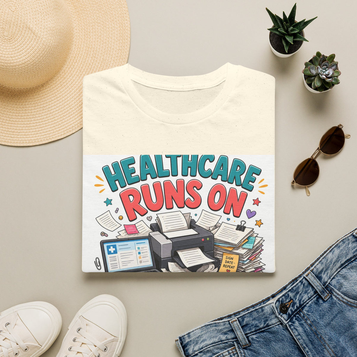 Humorous T Shirt Design Highlighting Healthcare's Paperwork Chaos