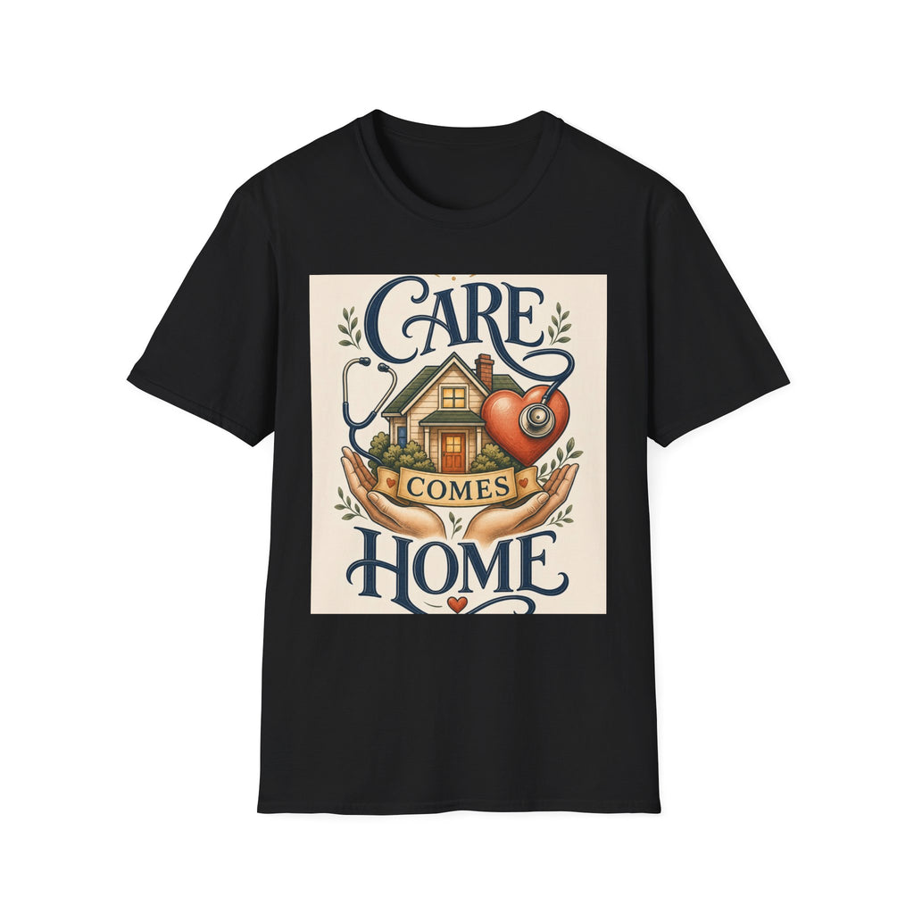 T Shirt Design Featuring Care Comes Home With Warm Illustrations