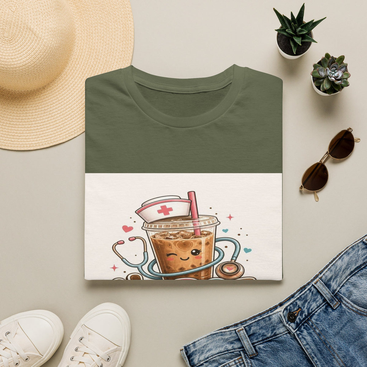 Cute T-Shirt Design Featuring Iced Coffee And Nurse Cap- Graphic Tees