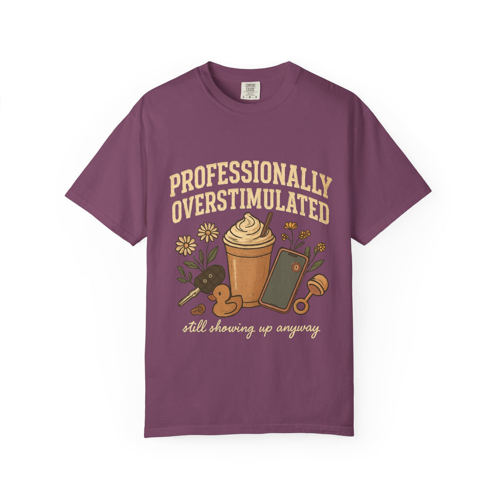 Professionally Overstimulated Graphic T-Shirt — Coffee, Phone & Cozy Aesthetic