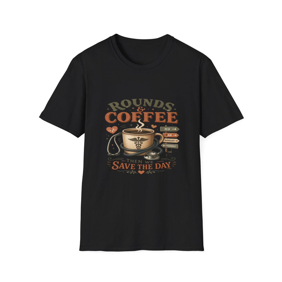 Coffee Cup With Stethoscope Combining Vintage Café And Medical Aesthetics- Graphic Tees