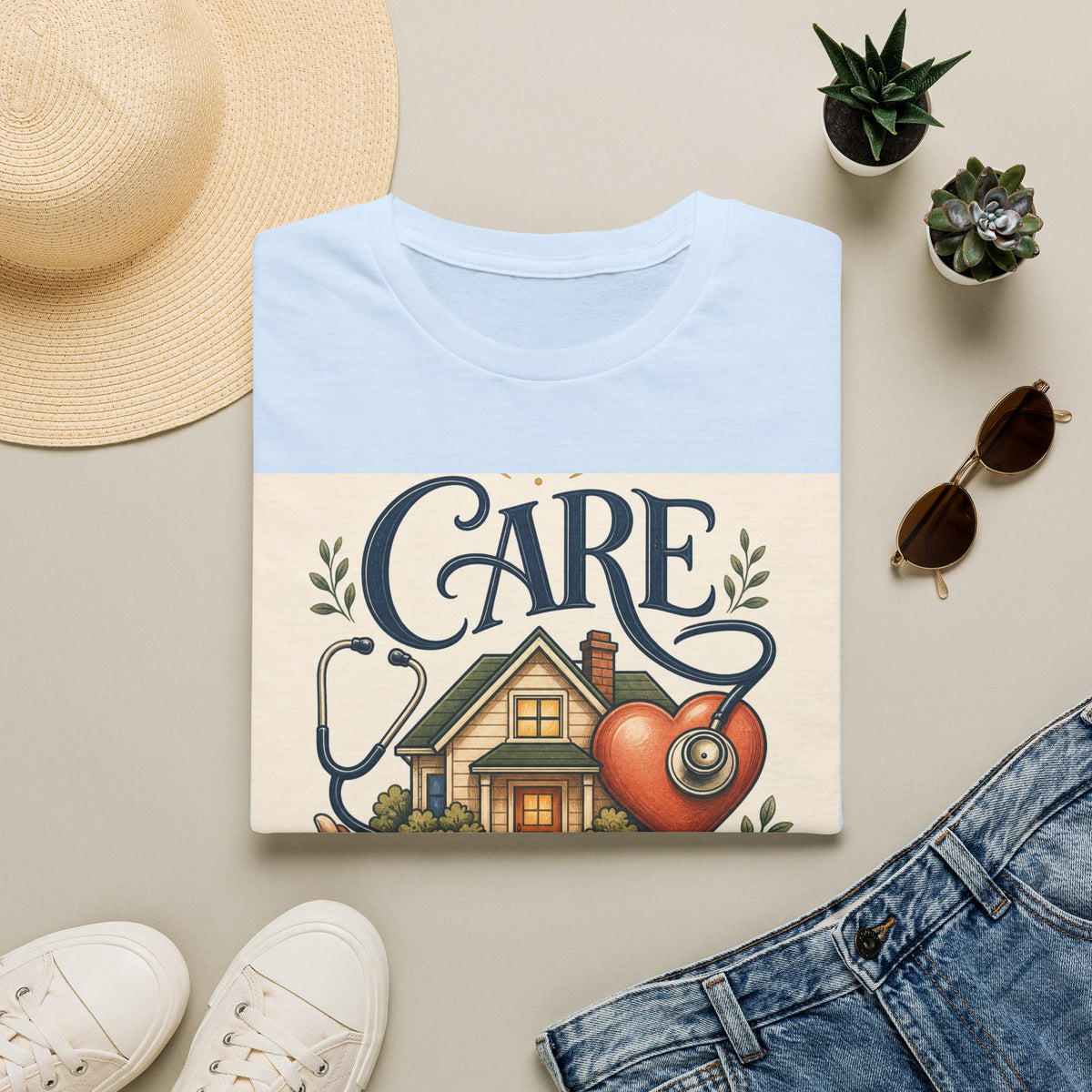 T Shirt Design Featuring Care Comes Home With Warm Illustrations