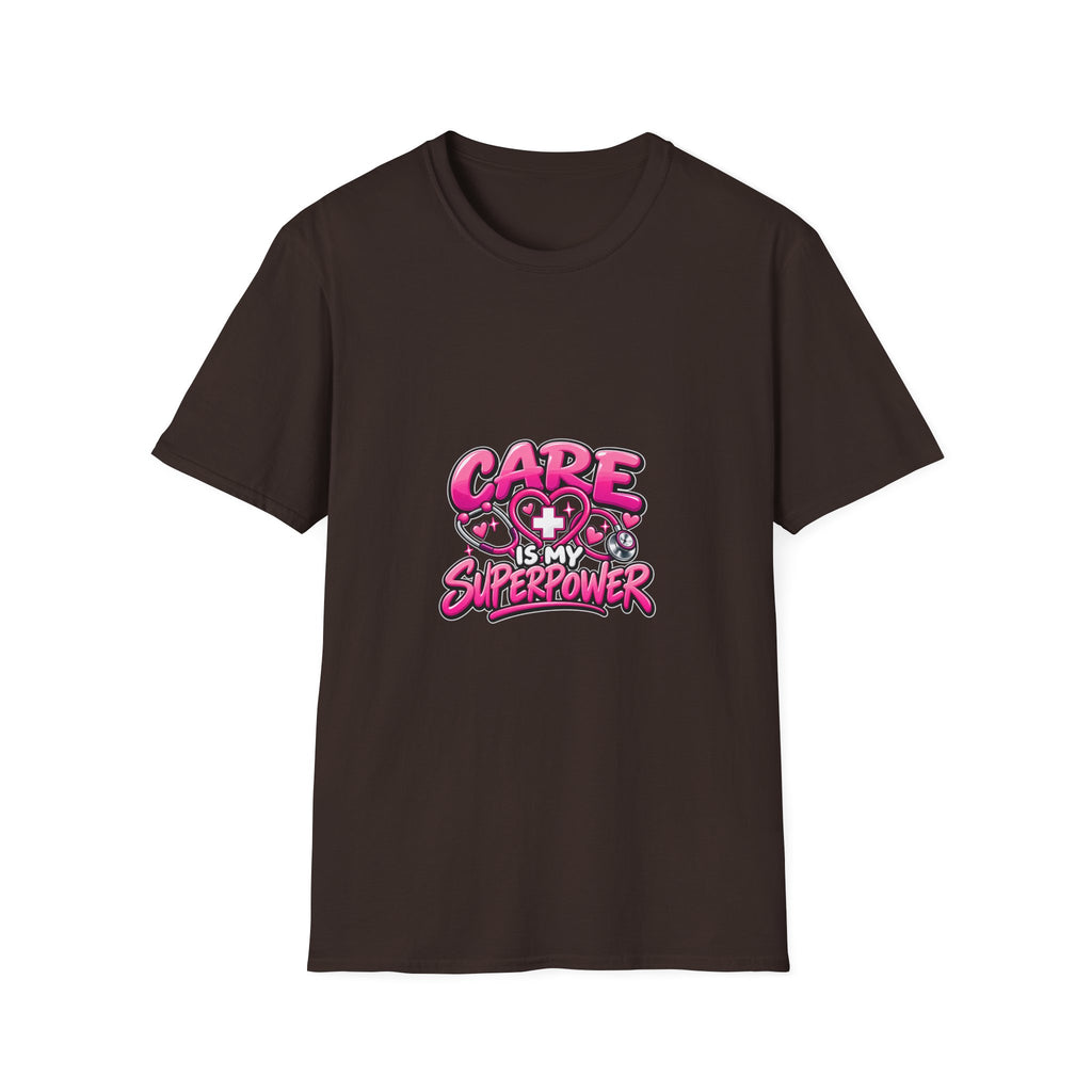 Care Is My Superpower T-Shirt — Cute Pink Heartcare Graphic Tee for Nurses & Caregivers