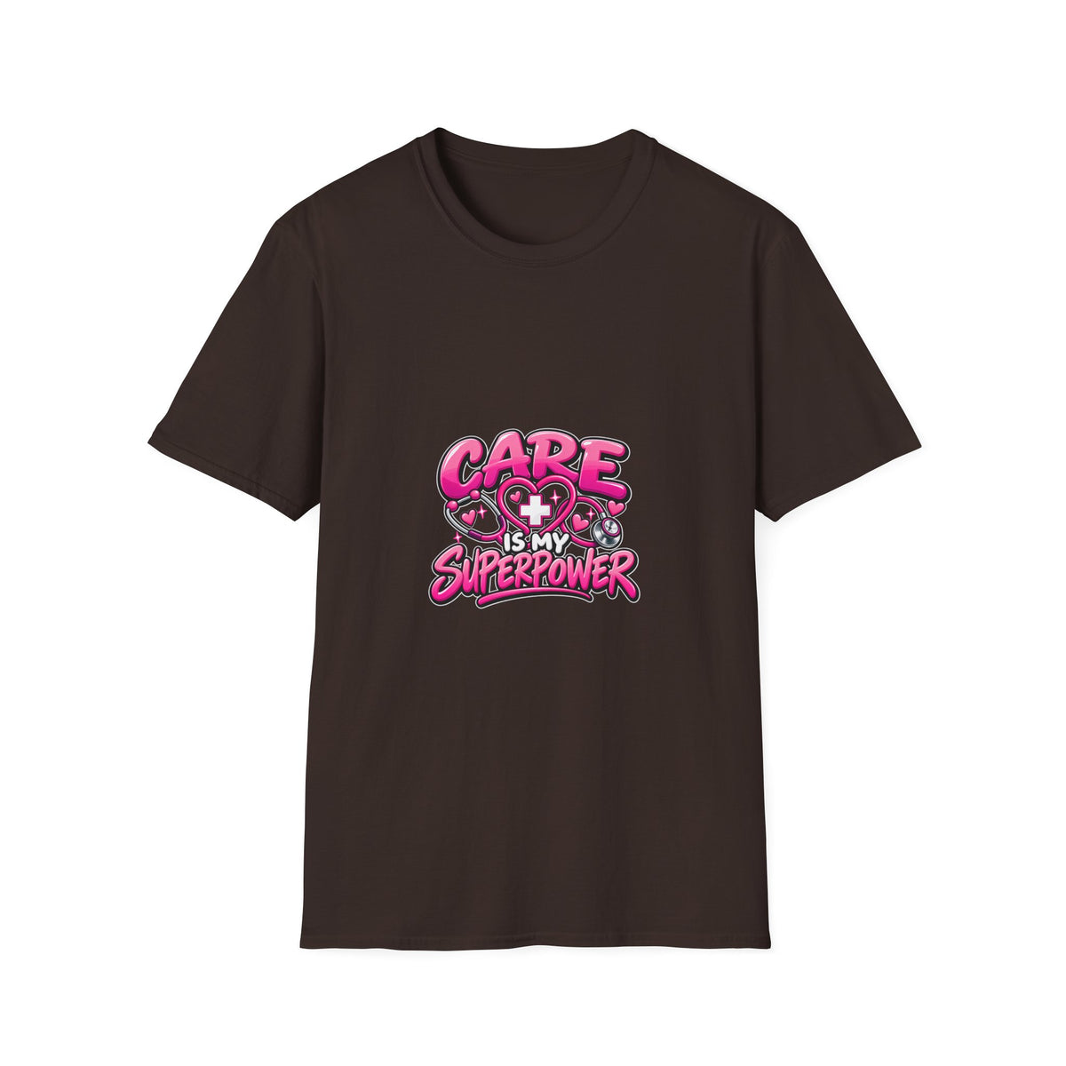 Care Is My Superpower T-Shirt — Cute Pink Heartcare Graphic Tee for Nurses & Caregivers