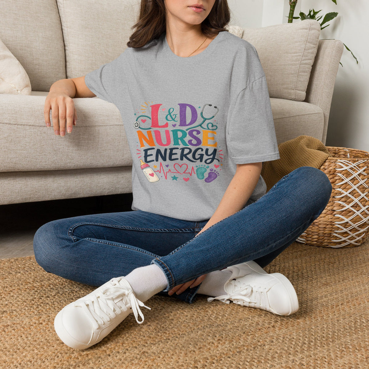 L&D Nurse Energy Trendy T-Shirt Design with Vibrant Elements- Graphic Tees