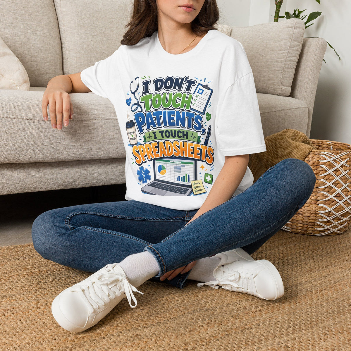 Humorous T Shirt Design Featuring Playful Healthcare And Spreadsheet Imagery