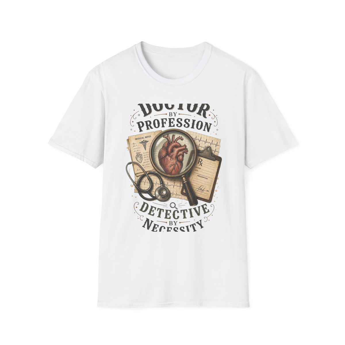 Vintage Detective Inspired T Shirt Featuring Anatomical Heart And Magnifying Glass