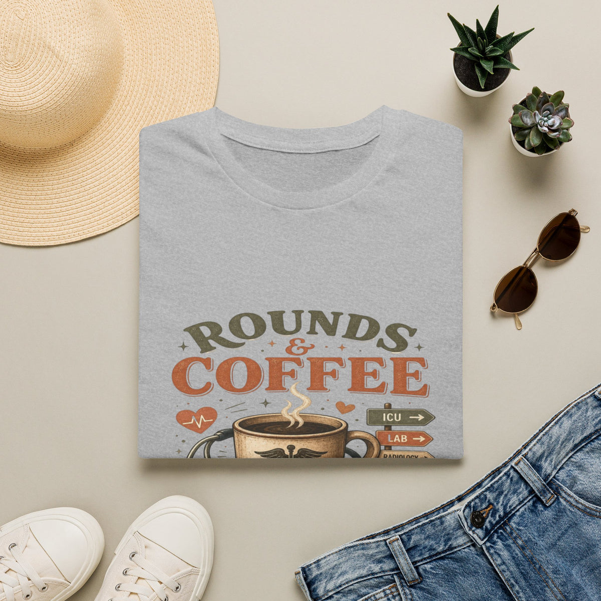 Coffee Cup With Stethoscope Combining Vintage Café And Medical Aesthetics- Graphic Tees