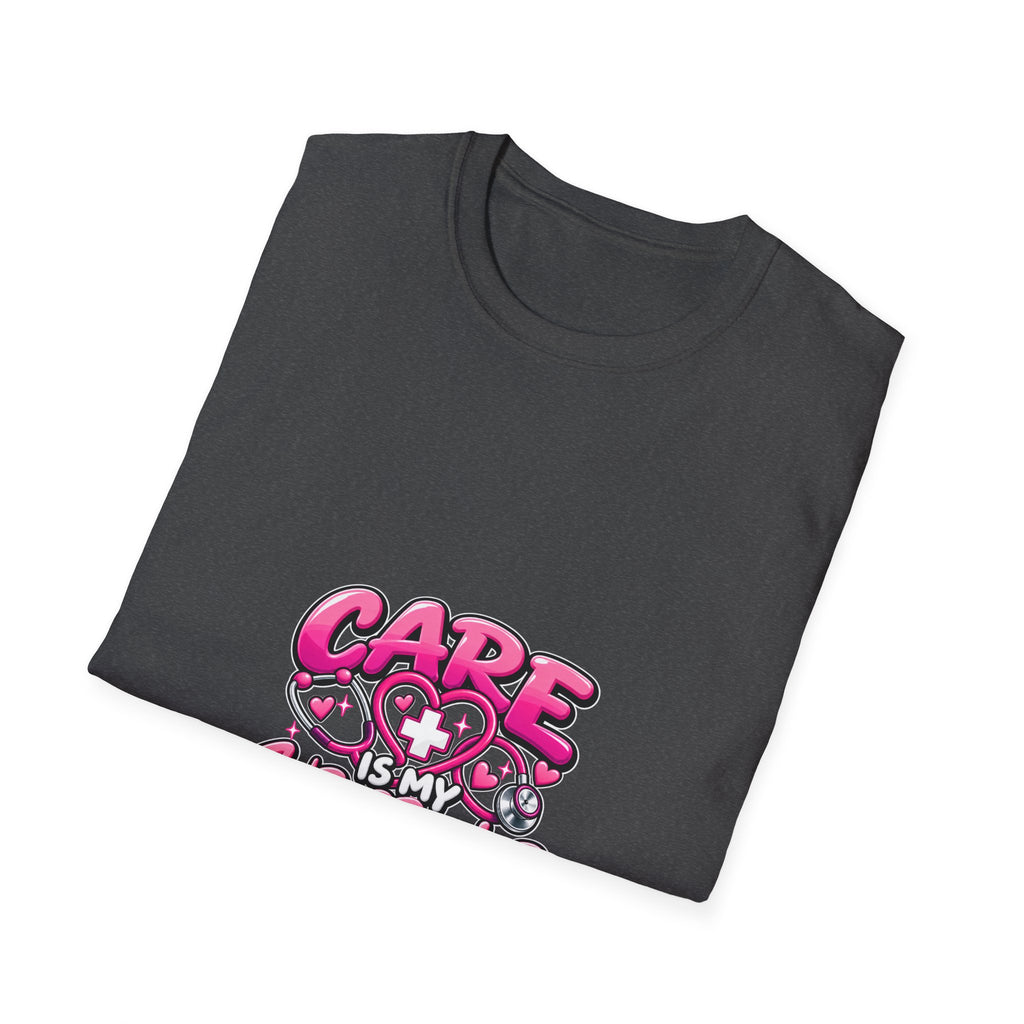 Care Is My Superpower T-Shirt — Cute Pink Heartcare Graphic Tee for Nurses & Caregivers