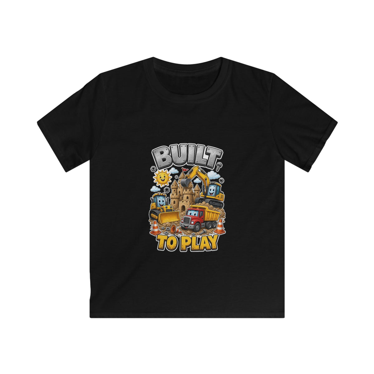 Kids Tee — "Built to Play" Construction Trucks Graphic